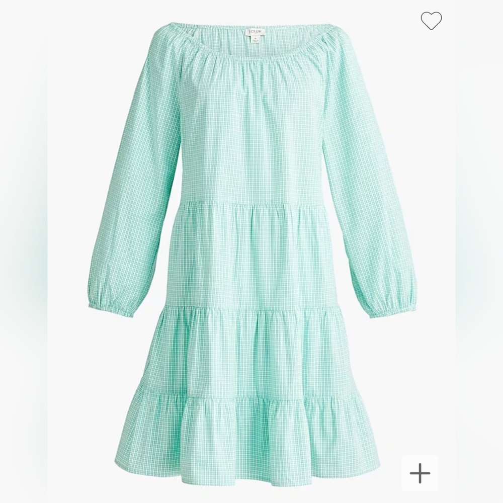 J Crew Factory Gingham Cotton Blend Poplin Raglan Tiered Mini Dress, Green, Sz M